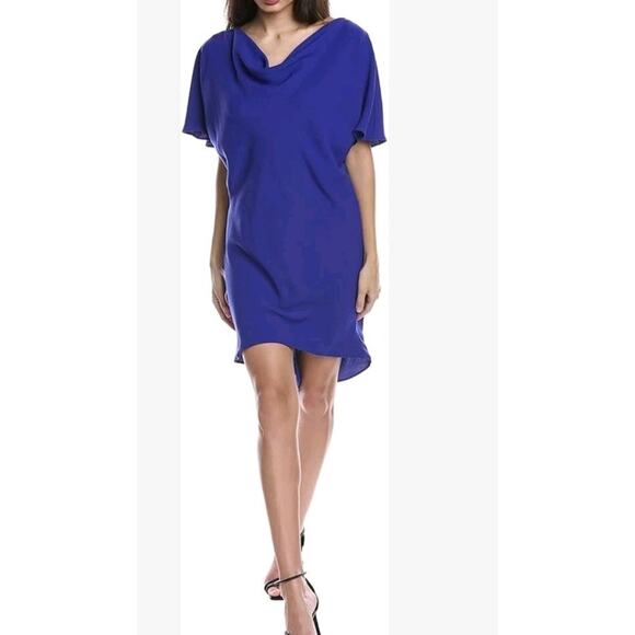 NEW Trina Turk Islet Dress XS Blue Cowl Neck Short Sleeve Mini Relaxed Fit Hi Lo - Picture 1 of 14